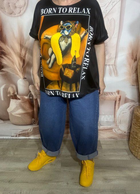 Tee-shirt ample noir manches courtes Born to Relax Fashion Dog du 40 au 50/52