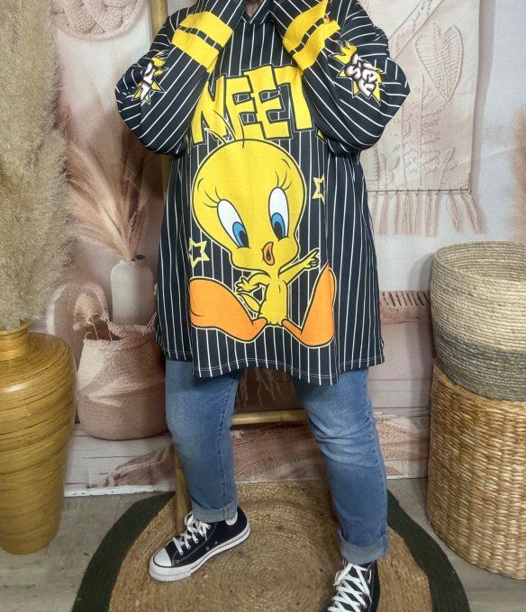 Sweat à capuche ample noir rayé Titi Looney Tunes du 40 au 52/54 
