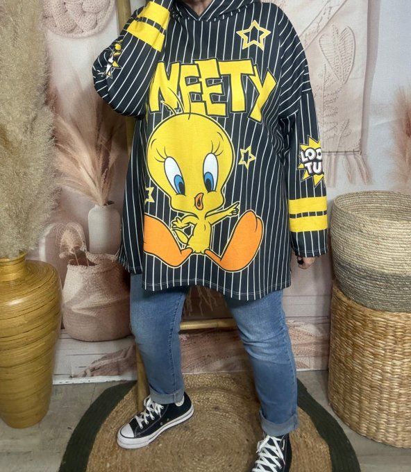 Sweat à capuche ample noir rayé Titi Looney Tunes du 40 au 52/54 