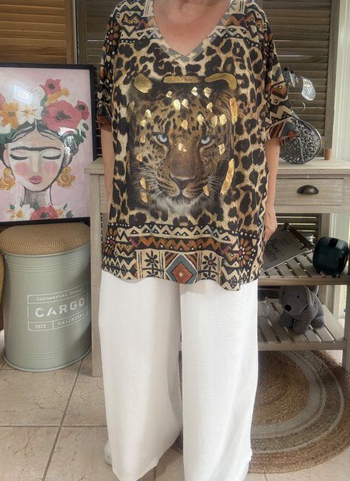 Top lurex Léopard beige pailleté doré Le Tigre Majestueux du 40 au 52/54 