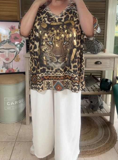Top lurex Léopard beige pailleté doré Le Tigre Majestueux du 40 au 52/54 