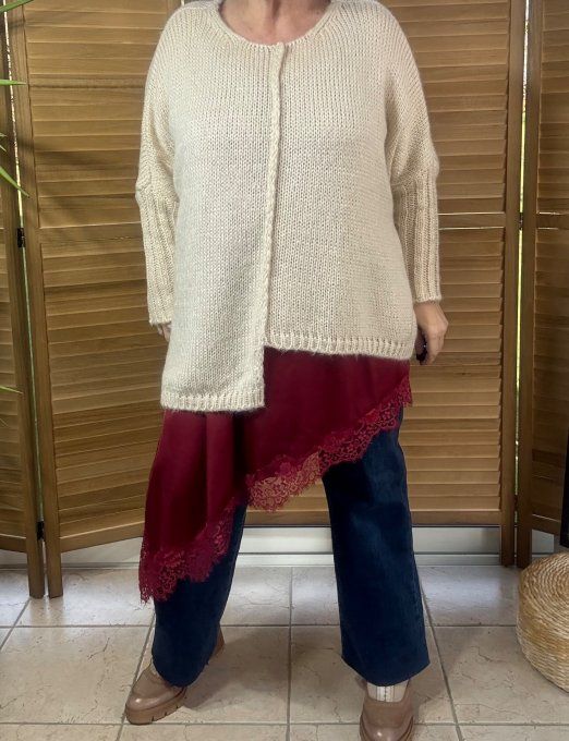 pull asymétrique oversize sans laine beige col V douceur +++ du 42 au 56/58