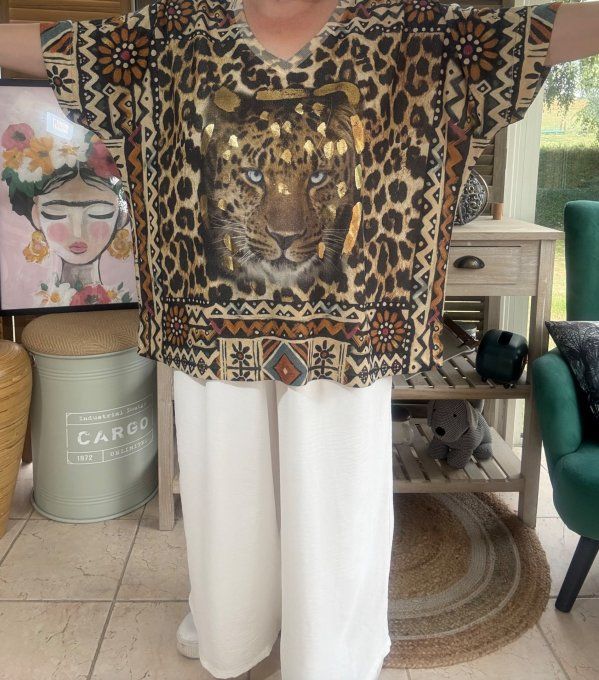 Top lurex Léopard beige pailleté doré Le Tigre Majestueux du 40 au 52/54 