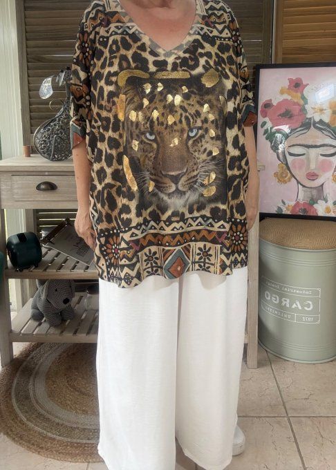 Top lurex Léopard beige pailleté doré Le Tigre Majestueux du 40 au 52/54 