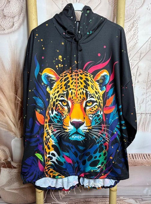 Sweat fin à capuche long noir Le Majestueux Tigre multicolore du 40 au 52/54 
