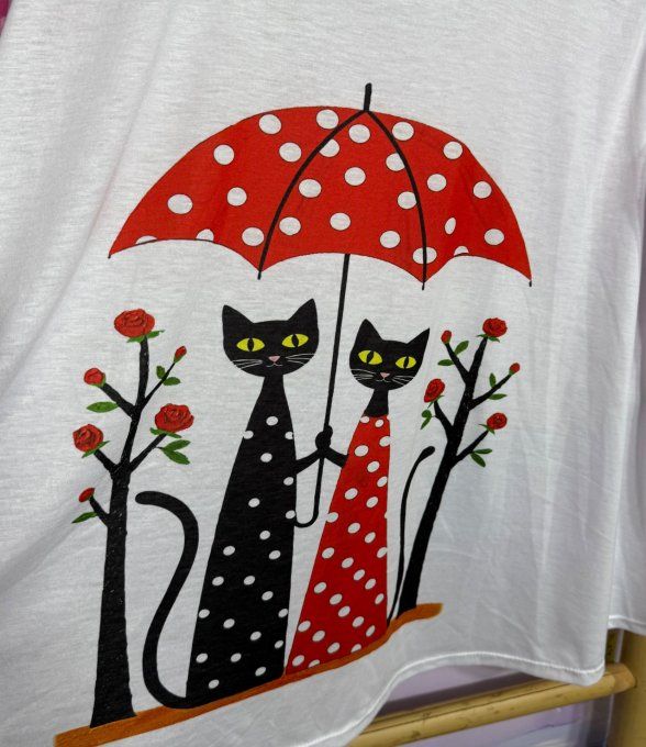 Débardeur trapèze blanc Les adorables Chats sous le parapluie du 40 au 50/52 