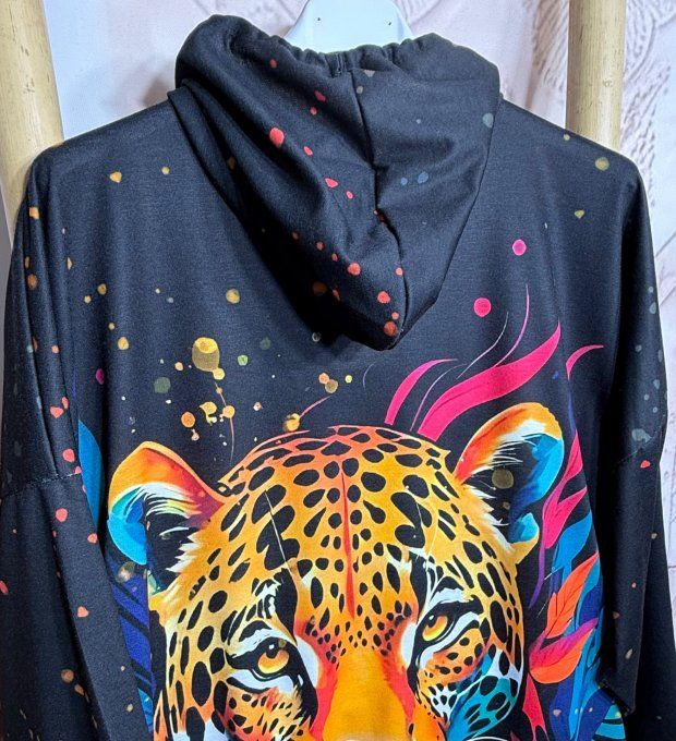 Sweat fin à capuche long noir Le Majestueux Tigre multicolore du 40 au 52/54 
