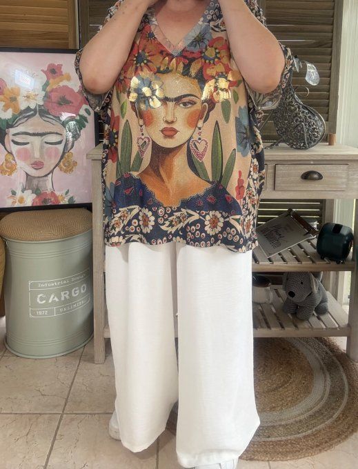 Top lurex beige bleuté pailleté doré Frida Kahlo Fleurs Liberty du 40 au 52/54