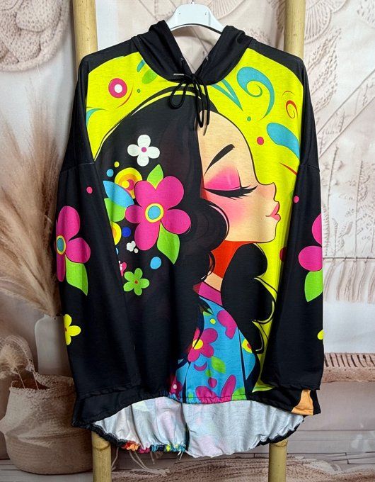 Sweat fin à capuche long noir The Pretty Hippie Girl du 40 au 52/54 