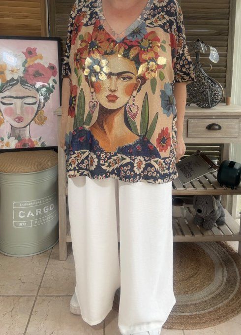Top lurex beige bleuté pailleté doré Frida Kahlo Fleurs Liberty du 40 au 52/54