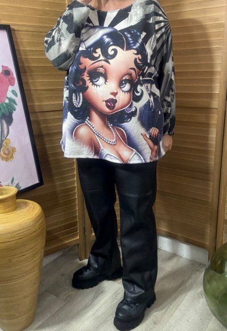 Pull fin ample noir marbrée Betty Boop Années 30 douceur +++ du 40 au 52 