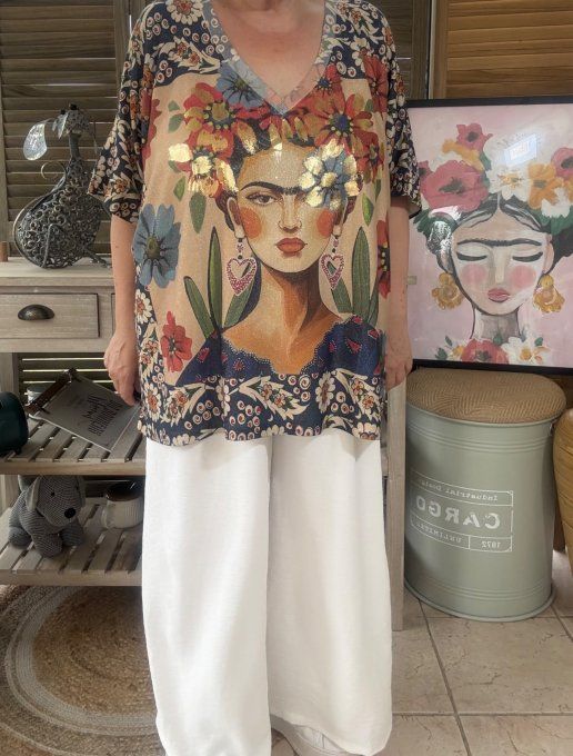 Top lurex beige bleuté pailleté doré Frida Kahlo Fleurs Liberty du 40 au 52/54