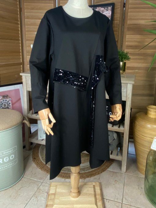 Robe patineuse asymétrique noire sequins brillants noirs du 36 au 46 