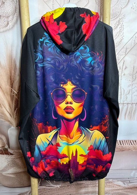 Sweat fin à capuche long noir African Fashion Pretty Woman du 40 au 52/54 