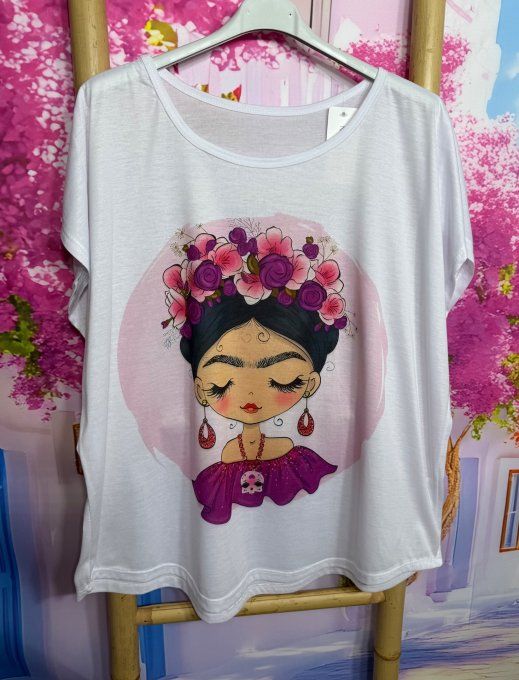 Tee-shirt ample blanc Frida Kahlo Purple Mood du 38 au 50/52  