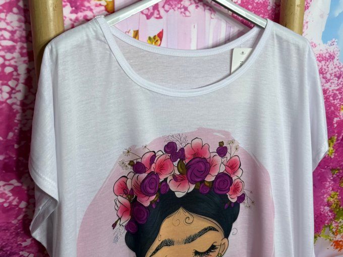 Tee-shirt ample blanc Frida Kahlo Purple Mood du 38 au 50/52  