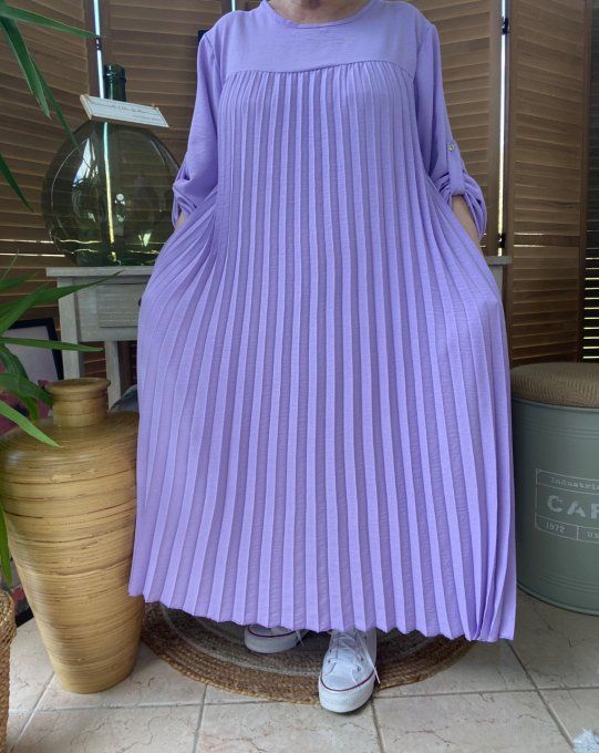 Robe ample longue plissée Lilas manches longues ajustables du 40 au 52 