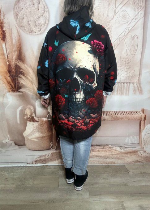 Coupe-vent à capuche déperlant noir Mexican Skulls du 38 au 50/52 et même + si porté ouvert