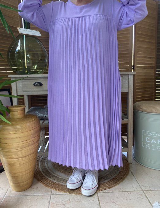 Robe ample longue plissée Lilas manches longues ajustables du 40 au 52 