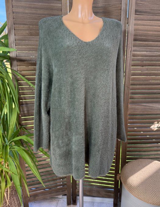 pull long ample sans laine maille peluche kaki col V douceur +++ du 40 au 52/54 