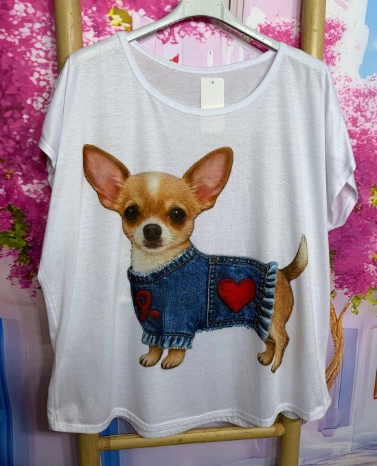 Tee-shirt ample blanc Mon petit Teckel au pull bleu coeur rouge du 38 au 50/52 