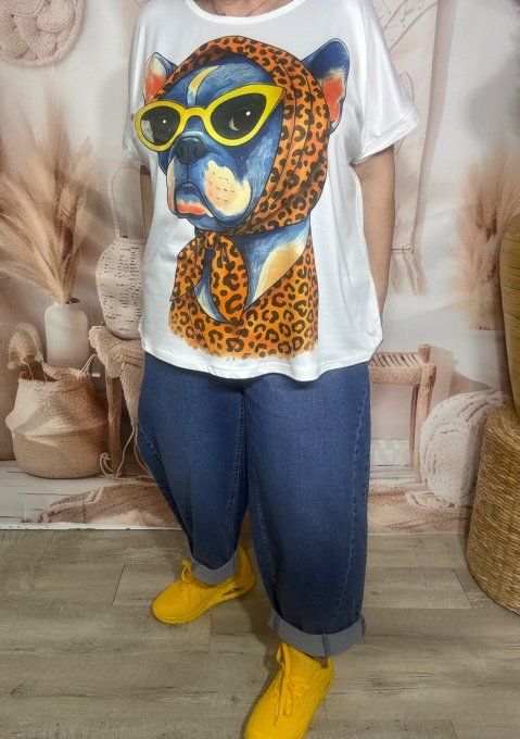 Tee-shirt ample blanc manches courtes Léopard Fashion Dog Bouledogue du 40 au 50/52