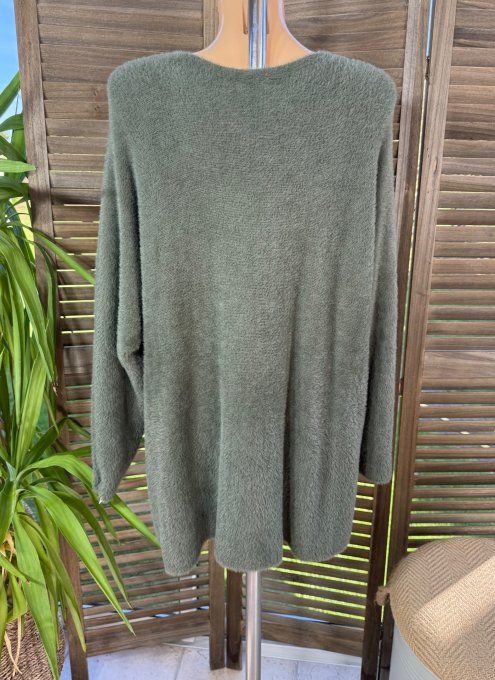 pull long ample sans laine maille peluche kaki col V douceur +++ du 40 au 52/54 