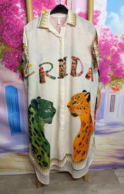 Robe longue oversize lin manches courtes crème Frida Kahlo & Les Tigres du 42 au 52  