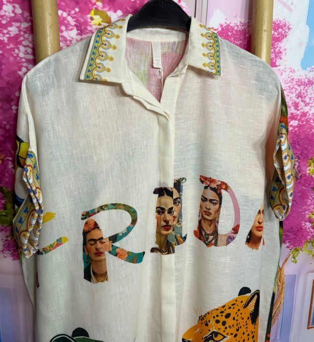 Robe longue oversize lin manches courtes crème Frida Kahlo & Les Tigres du 42 au 52  