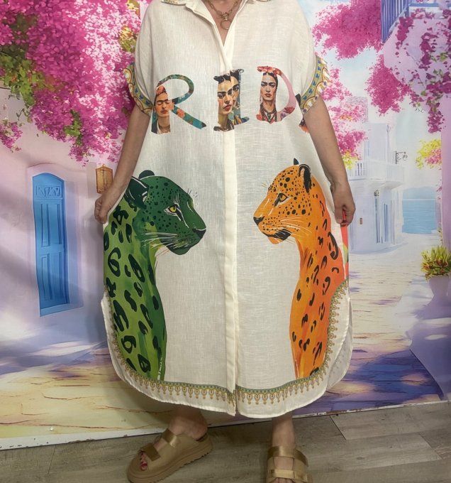 Robe longue oversize lin manches courtes crème Frida Kahlo & Les Tigres du 42 au 52  