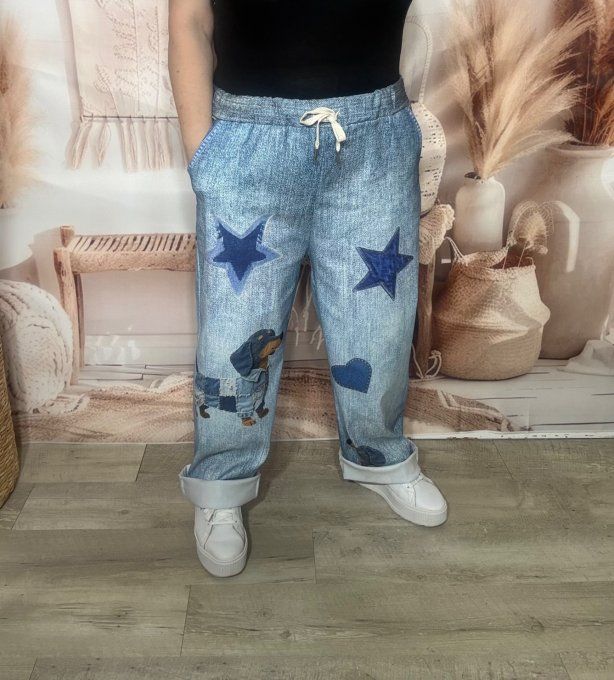 Panta-jogg effet jeans stone délavé Adorables Teckels & étoiles stretch ++++ du 40 au 52/54  
