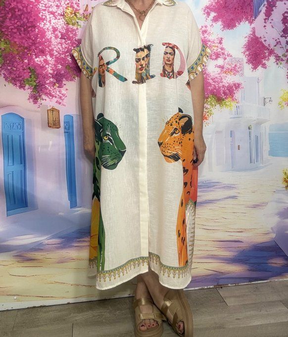 Robe longue oversize lin manches courtes crème Frida Kahlo & Les Tigres du 42 au 52  