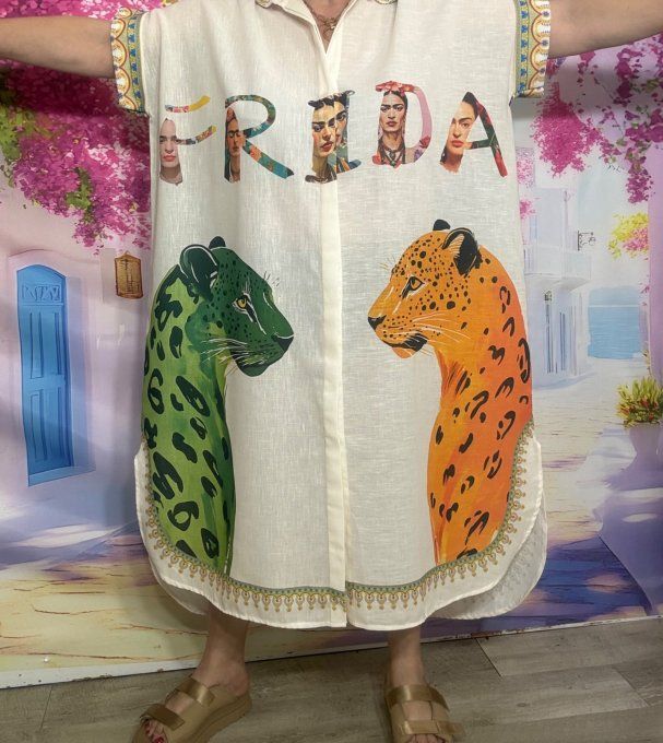 Robe longue oversize lin manches courtes crème Frida Kahlo & Les Tigres du 42 au 52  