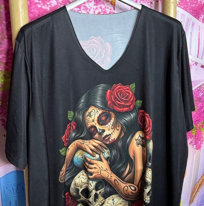 Tee-shirt fin trapèze oversize lycra noir Catrina Mexican Skulls Girl du 40 au 54