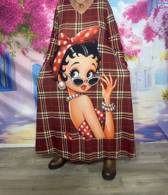 Robe longue trapèze Carreaux Tartan Bordeaux Betty Boop Chic du 40 au 52/54