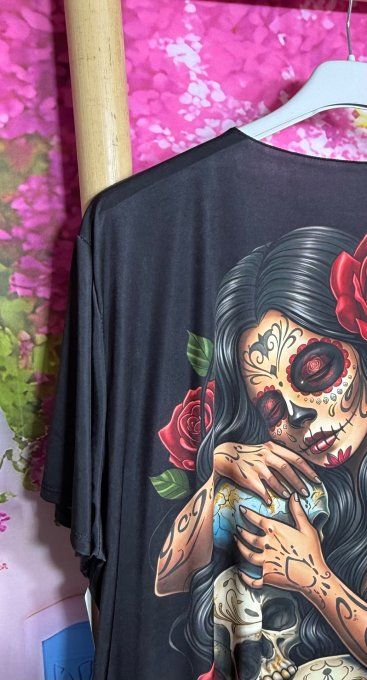 Tee-shirt fin trapèze oversize lycra noir Catrina Mexican Skulls Girl du 40 au 54