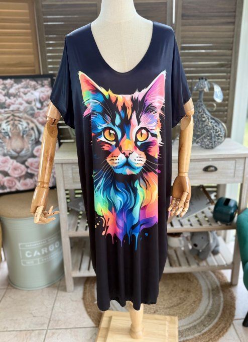 Robe courte ou tunique longue noire Le Chat multicolore du 42 au 52 
