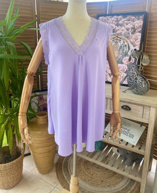Caraco Débardeur Top trapèze viscose et dentelle Lilas douceur +++ du 40 au 50/52