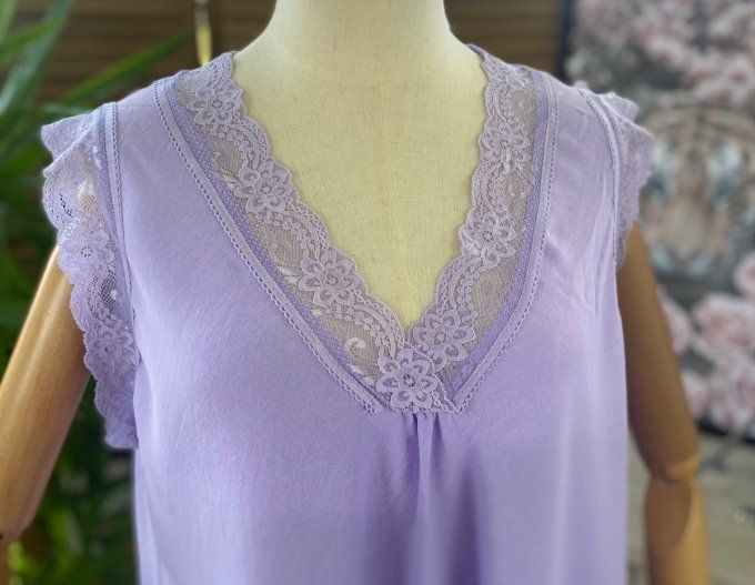 Caraco Débardeur Top trapèze viscose et dentelle Lilas douceur +++ du 40 au 50/52