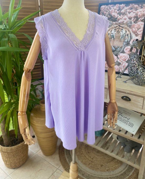 Caraco Débardeur Top trapèze viscose et dentelle Lilas douceur +++ du 40 au 50/52