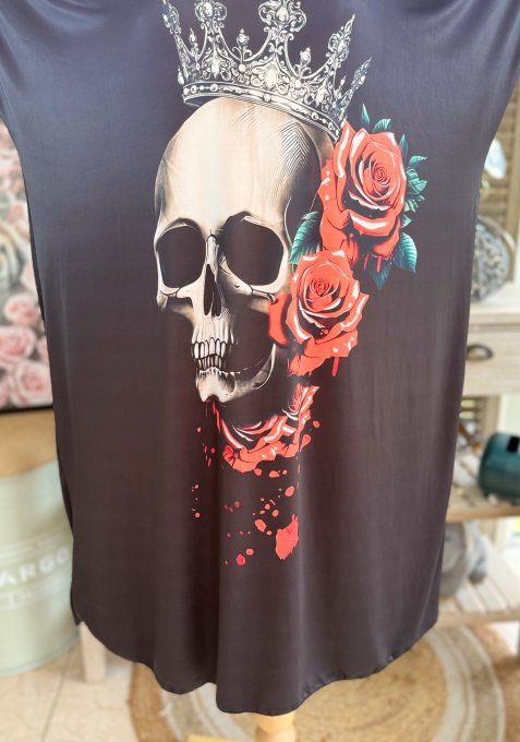 Robe courte ou tunique longue noire Skulls & Red Roses du 42 au 52  