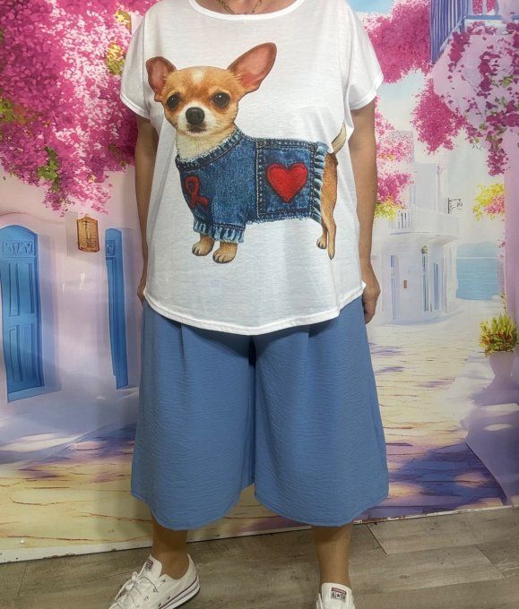 Tee-shirt ample blanc Mon petit Teckel au pull bleu coeur rouge du 38 au 50/52 