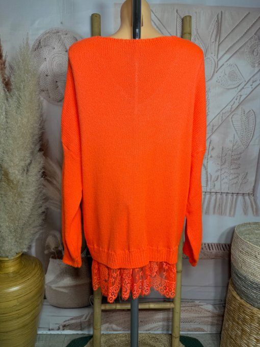 pull long ample orange vif col V et dentelle assortie douceur +++ du 40 au 52/54 