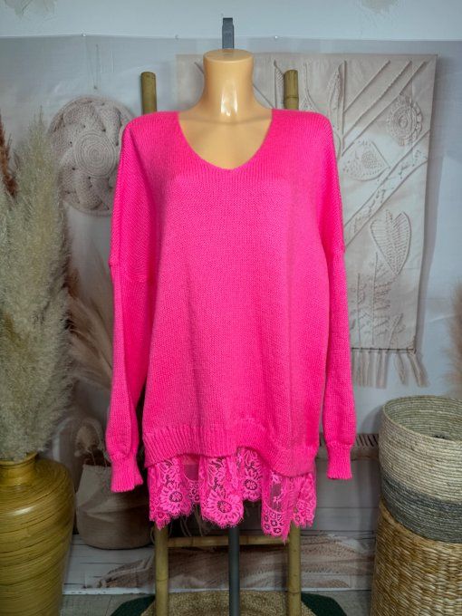 pull long ample rose vif col V et dentelle assortie douceur +++ du 40 au 52/54