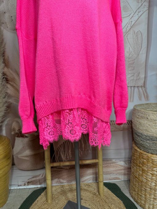 pull long ample rose vif col V et dentelle assortie douceur +++ du 40 au 52/54