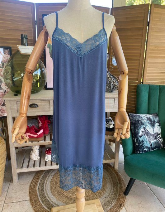 Fond de robe façon nuisette fines bretelles bleu jeans dentelle douceur +++ du 40 au 52 
