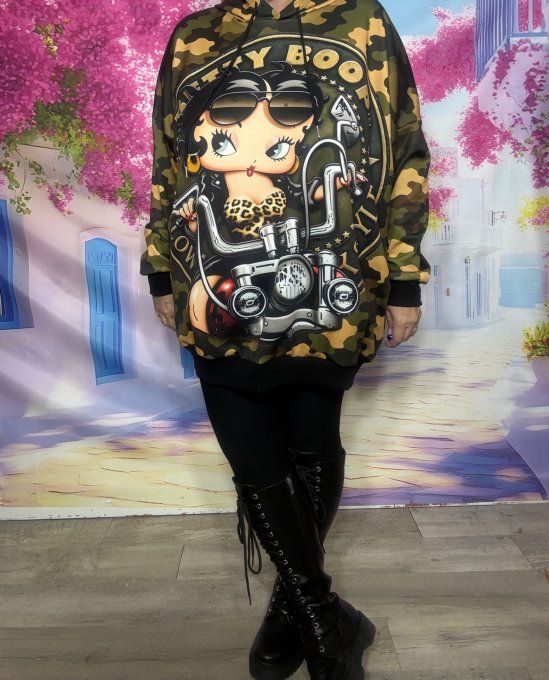 Sweat à capuche long ample Camouflage Treilllis Betty Boop Bikeuse confort +++ du 42 au 54 