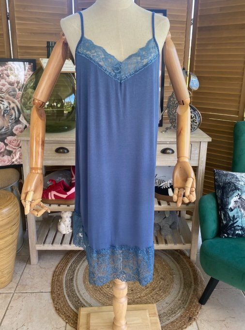 Fond de robe façon nuisette fines bretelles bleu jeans dentelle douceur +++ du 40 au 52 