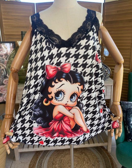 Caraco Débardeur Top trapèze satiné mat & dentelle pieds de coq Betty Boop  du 40 au 52