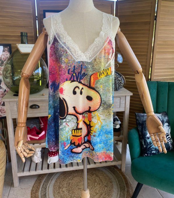Caraco Débardeur Top trapèze satiné mat & dentelle Snoopy Street Art du 40 au 52  